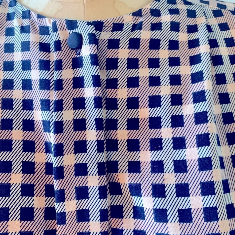 Koret Vintage Geometric Blouse Size 10 Blue White Check Long Sleeve Work Top